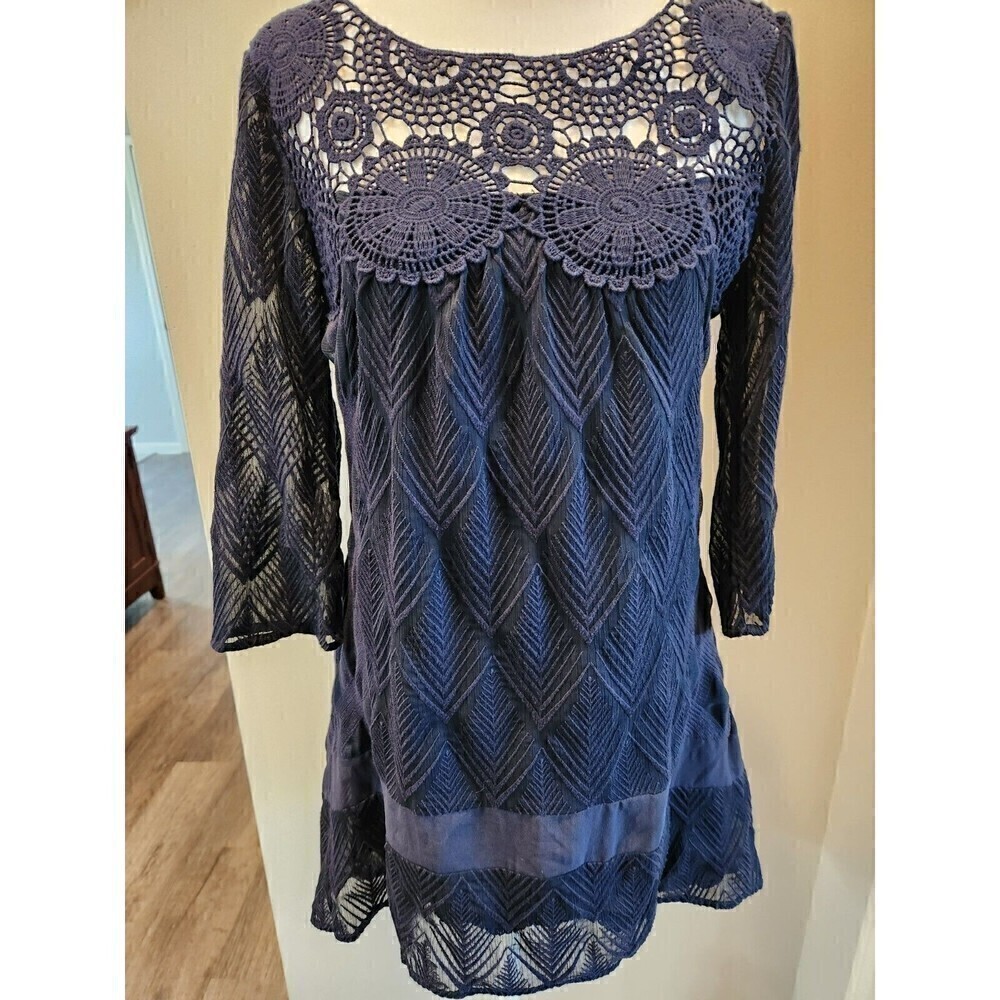 Anthropologie Holding Horses Blue Sheer Embroidered Crochet Shift Dress XSP NWOT